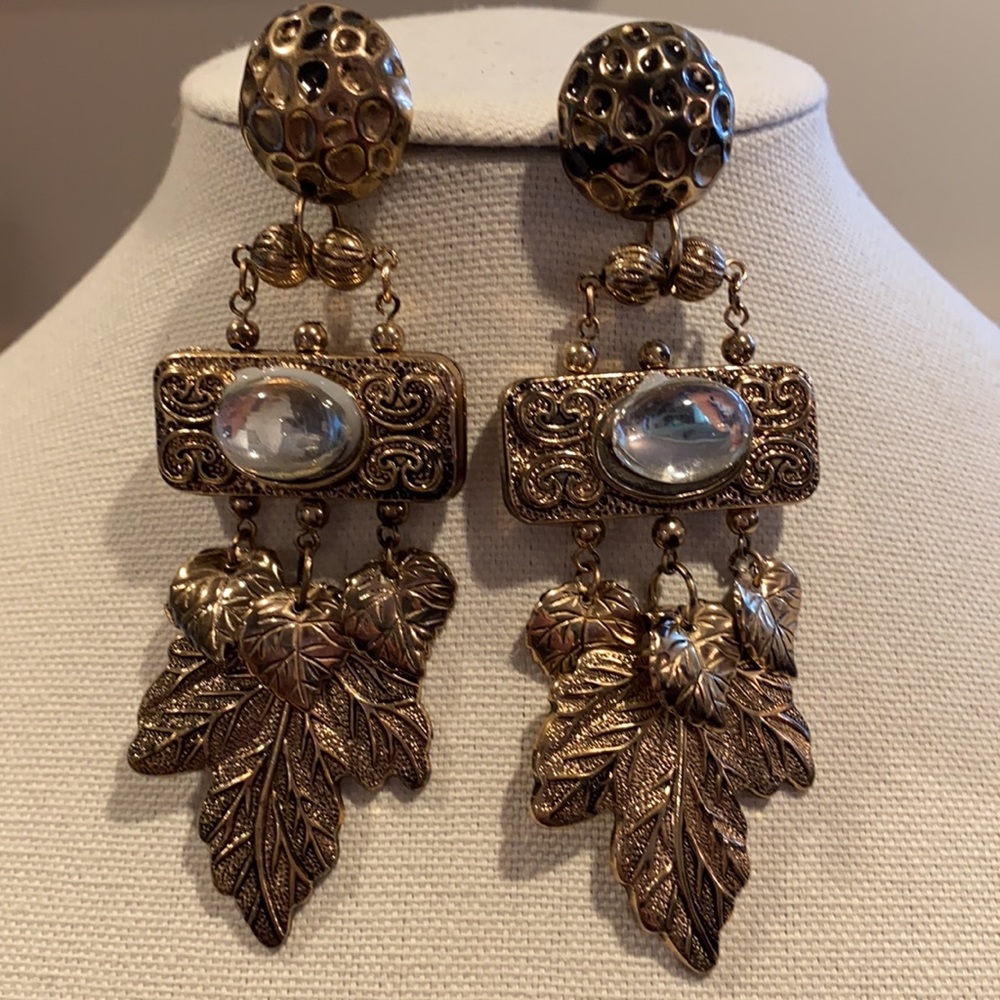 Funky Goldtone long fabulous mixed leaf charm earrings